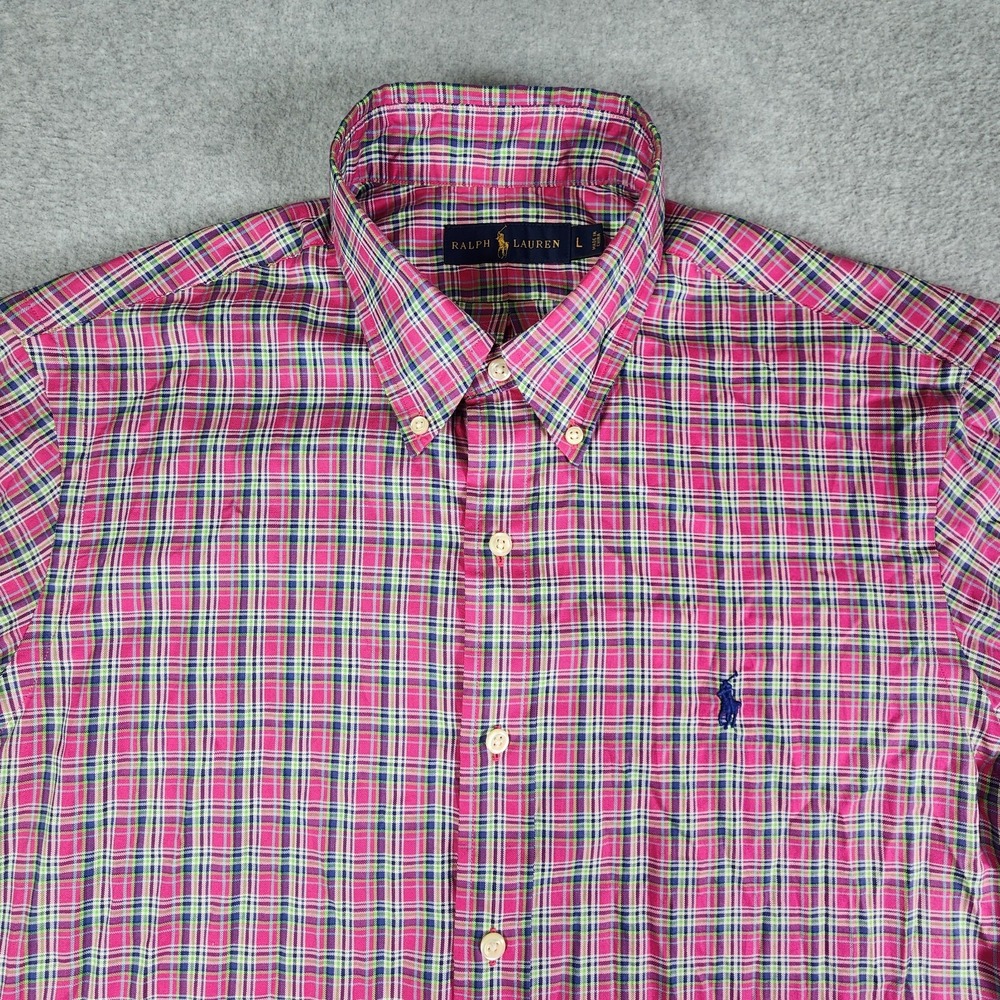 Ralph Lauren Plaid Shirt Men L Pink Multicolor Blue Pony Button Down Long-Sleeve - Picture 1 of 12